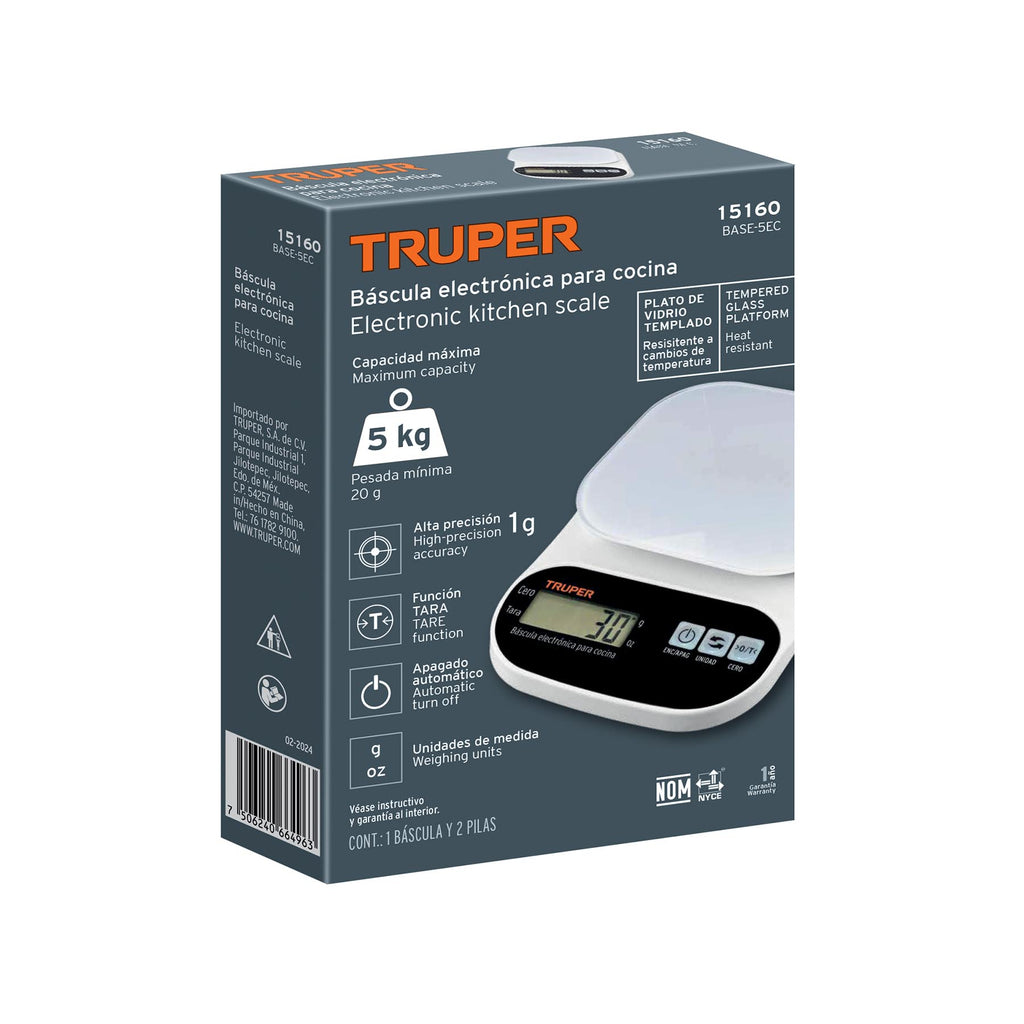 Báscula Digital 5KG con Plato de Vidrio Truper