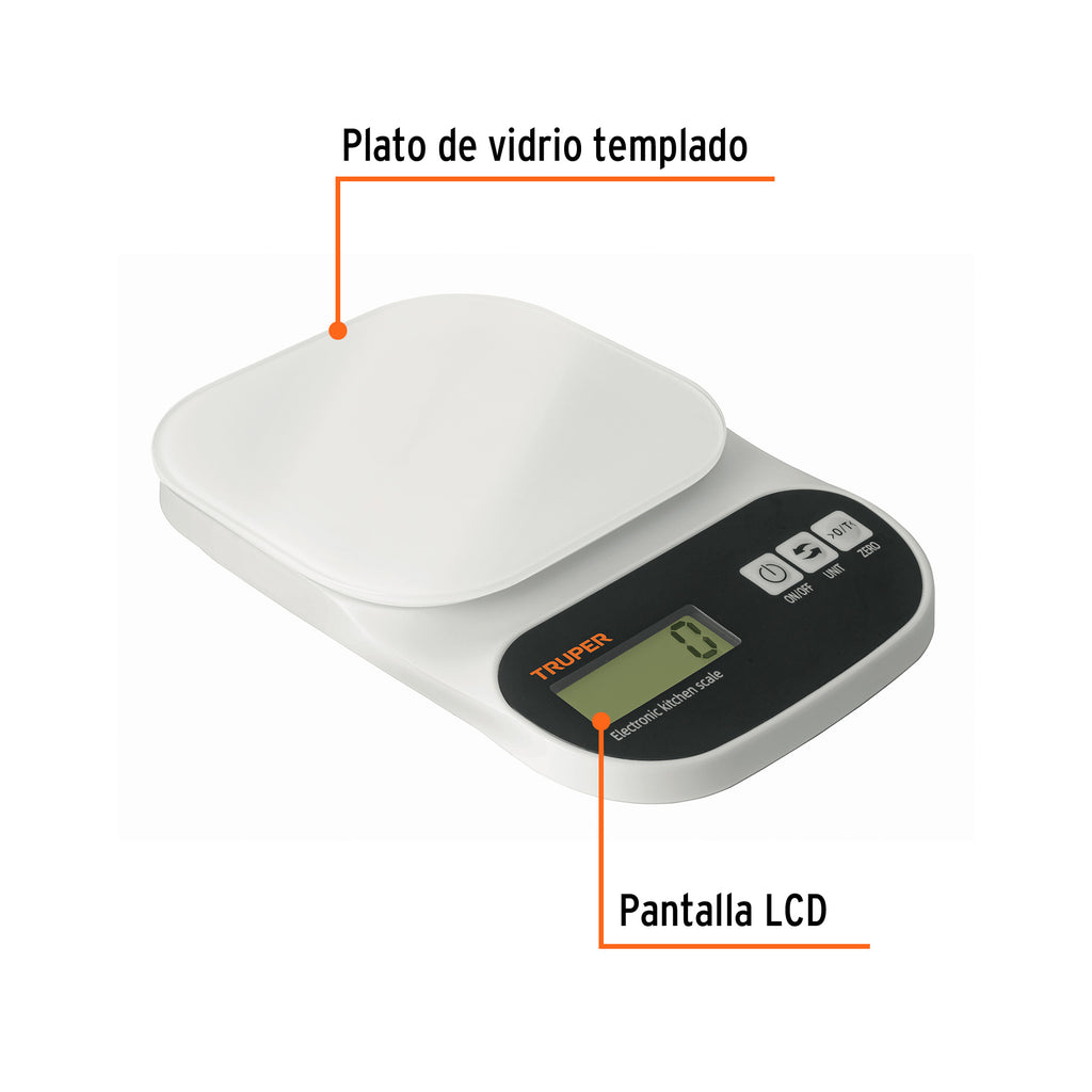 Báscula Digital 5KG con Plato de Vidrio Truper