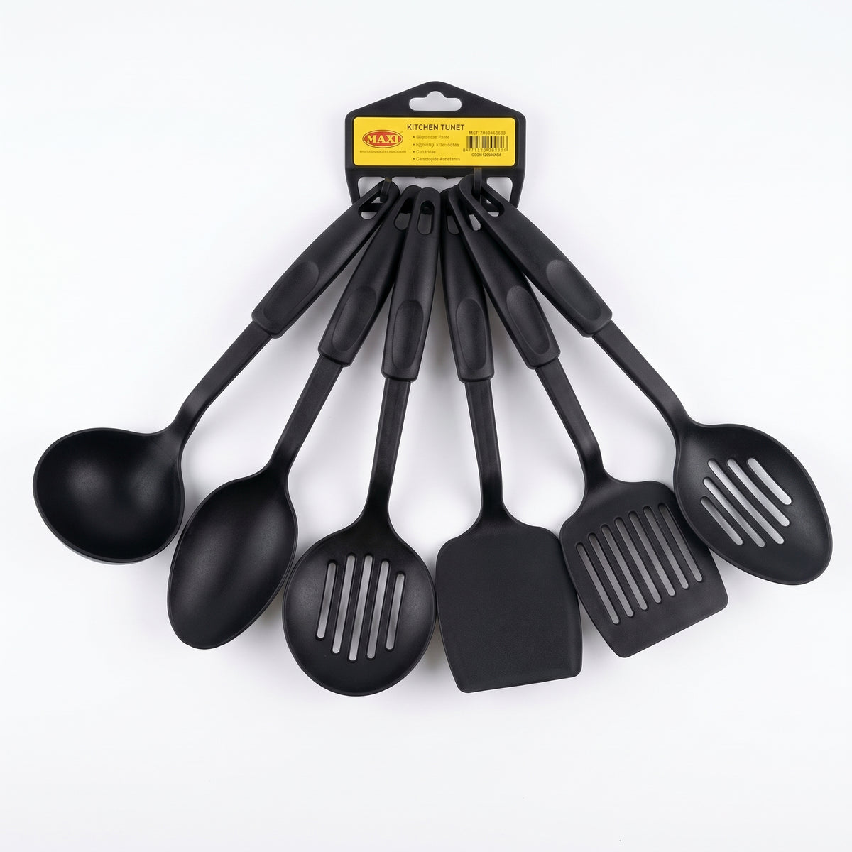 Set de seis utensilios de cocina negros con cucharón, cucharas, espumadera y espátulas