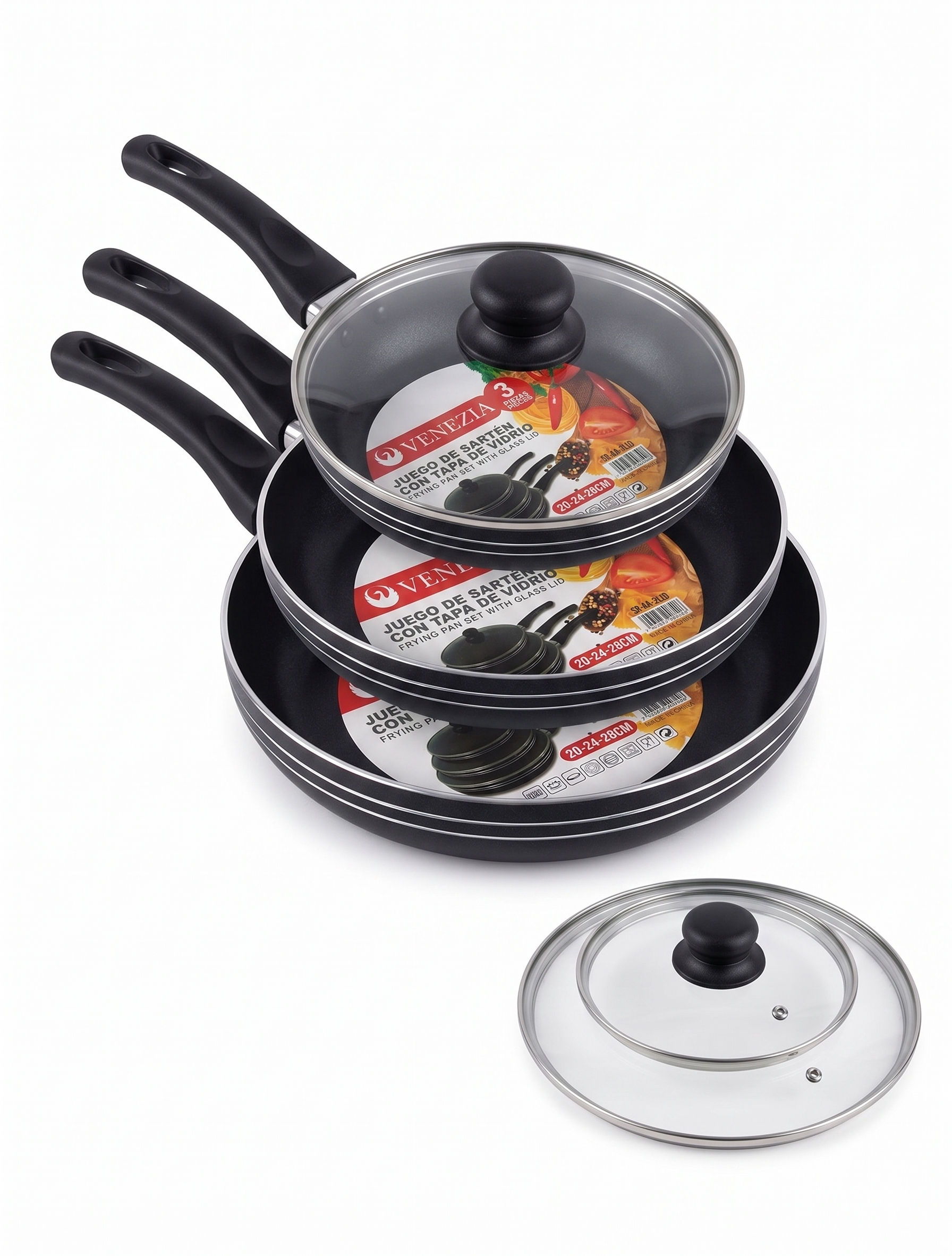 Set de Sartenes Venezia Triple Capa Antiadherente con Tapadera x3 (20cm, 24cm, 28cm)